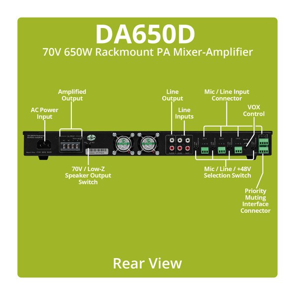 Main product image for Dayton Audio DA650D Commercial Audio Amplifier 650W 70V/ 100V/ 4 Ohm Mixer - 4 Mic 2 Aux 1 Telephone input